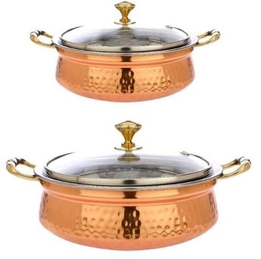 Heritage Mart Copper Stainless Steel Hammered Finish Handi/Lagan/Pot with Toughened Glass Lid and Brass Knob with Handles, Ideal for Serving Food at Home/Restaurant/Hotels 300 ML(Pack of 2)  - Image 1
