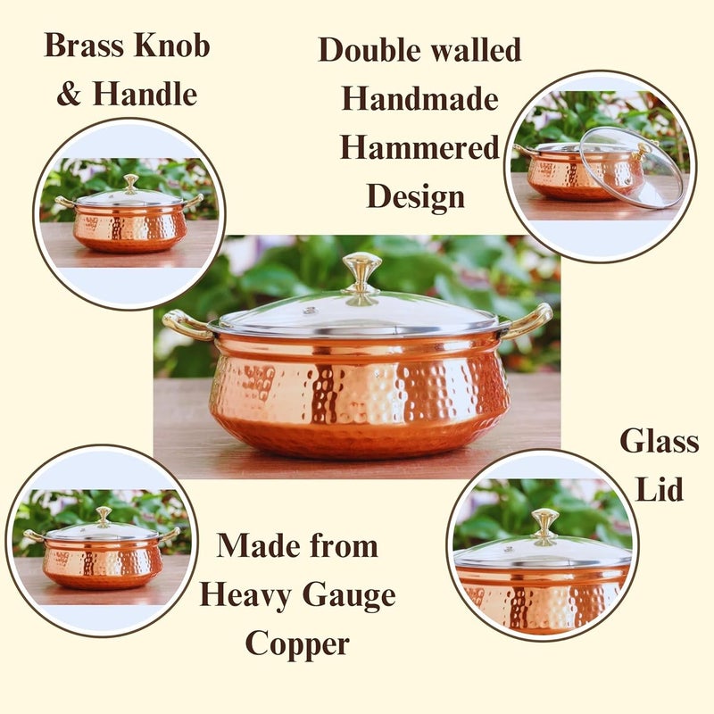 Heritage Mart Copper Stainless Steel Hammered Finish Handi/Lagan/Pot with Toughened Glass Lid and Brass Knob with Handles, Ideal for Serving Food at Home/Restaurant/Hotels 300 ML(Pack of 2)  - Image 3