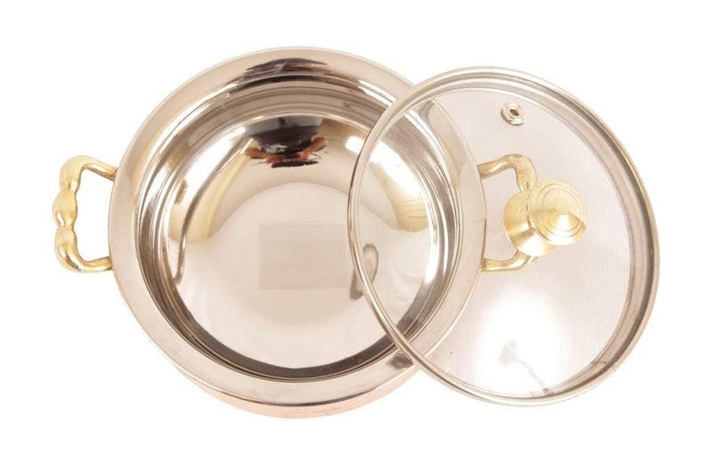 Heritage Mart Copper Stainless Steel Hammered Finish Handi/Lagan/Pot with Toughened Glass Lid and Brass Knob with Handles, Ideal for Serving Food at Home/Restaurant/Hotels 300 ML(Pack of 2)  - Image 4