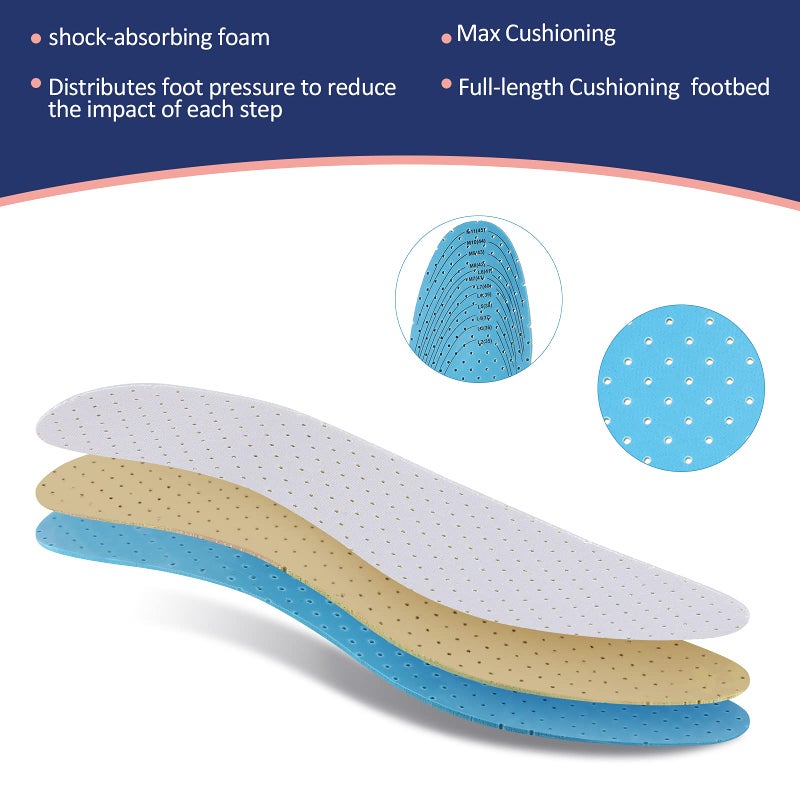 Sintege 3 Pairs Breathable Shoe Insoles Inserts Soft Cushioning Double-Layer Latex Foam Perforated Replacement Insoles for Men 7-11 Woman 2-8(White, Pink, Purple) - Image 4