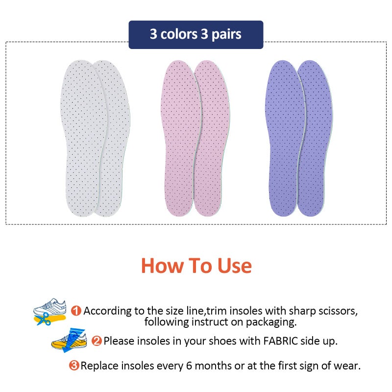 Sintege 3 Pairs Breathable Shoe Insoles Inserts Soft Cushioning Double-Layer Latex Foam Perforated Replacement Insoles for Men 7-11 Woman 2-8(White, Pink, Purple) - Image 2