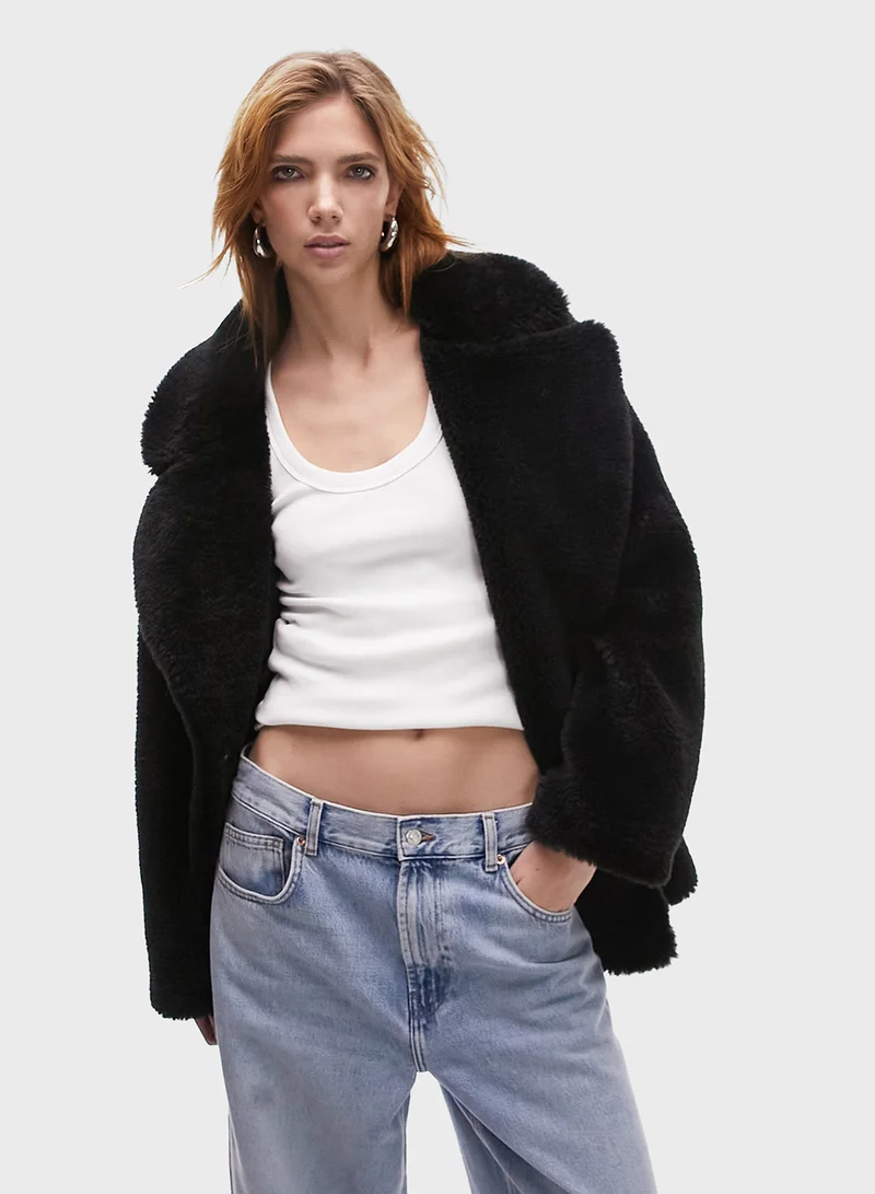 TOPSHOP Topshop mid-length borg coat in black