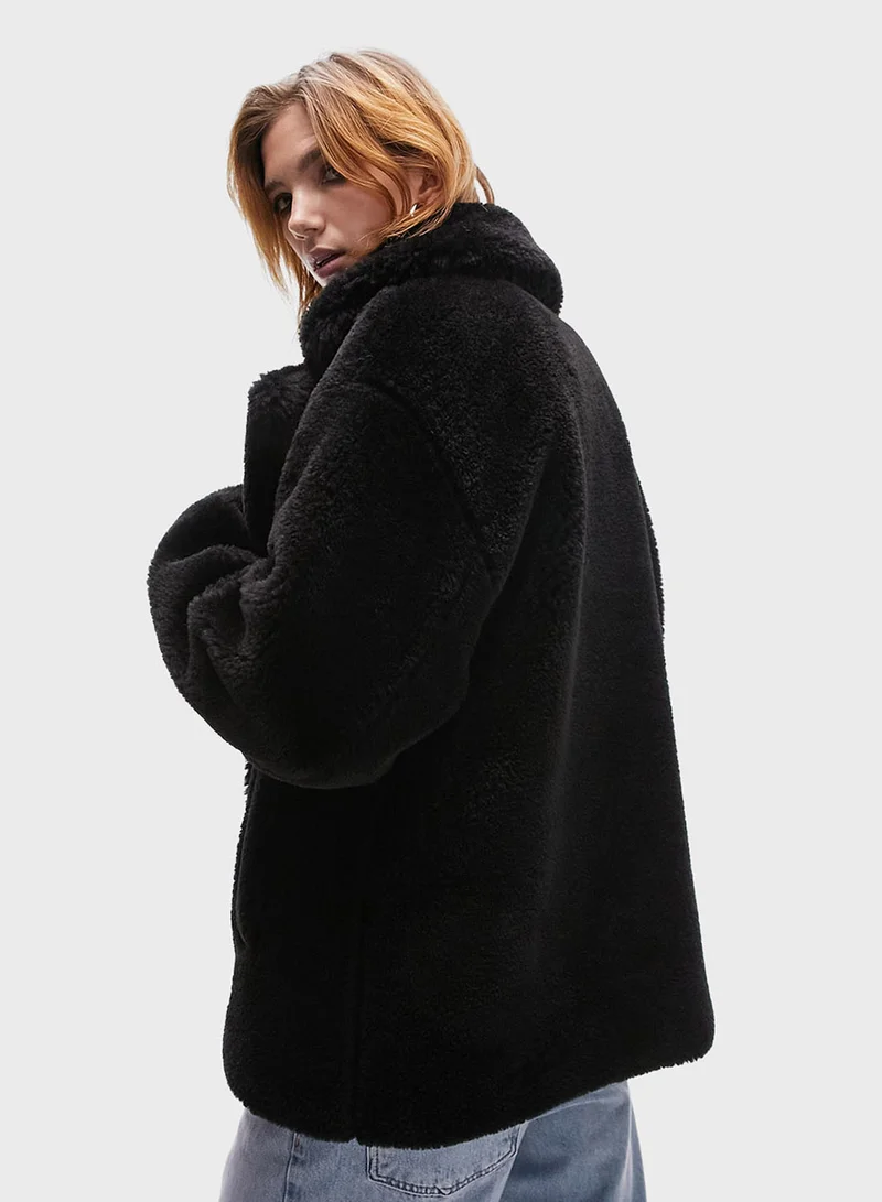 TOPSHOP Topshop mid-length borg coat in black