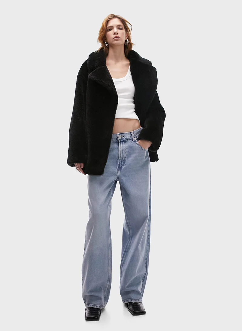 TOPSHOP Topshop mid-length borg coat in black