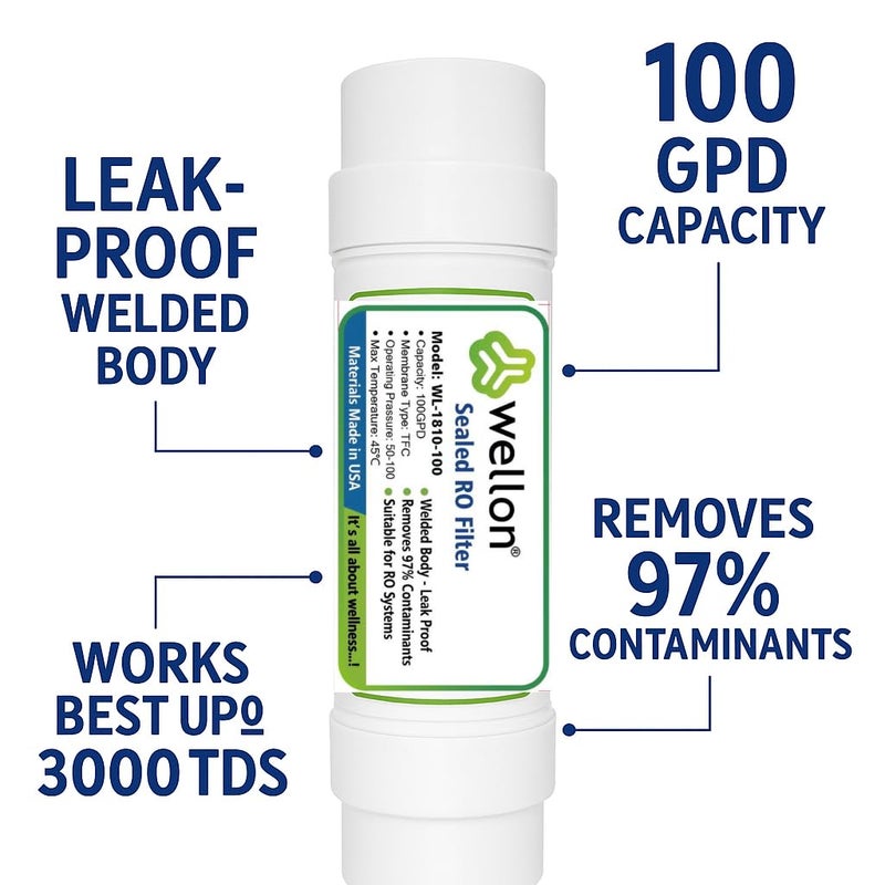 WELLON فلتر غشاء RO محكم (ملحوم/مخفي) | 8 بوصة | 100 جالون في اليوم | مضاد للتسرب | يتضمن 2 كوع سريع التوصيل | يعمل حتى 3000 TDS - Image 3