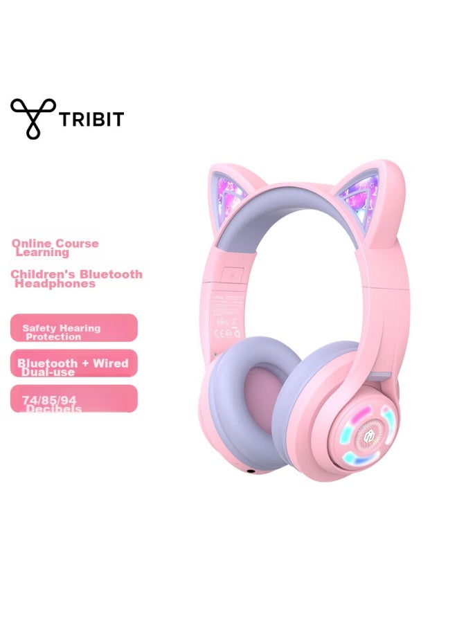 Tribit Cute Cat Ear Wireless Bluetooth Children's Headphones, Adorable Over-ear Design, Pink Light-up, Low Decibel, For Online Cl, English Education, Birthday, Children's Day Gift - Image 1
