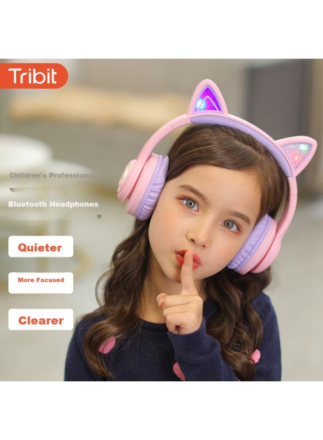 Tribit Cute Cat Ear Wireless Bluetooth Children's Headphones, Adorable Over-ear Design, Pink Light-up, Low Decibel, For Online Cl, English Education, Birthday, Children's Day Gift - Image 2