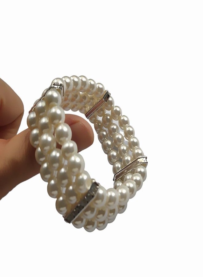 Ebonee White Vintage Stretch Wrist Pearl Bracelet Jewelry 3 Row Faux Pearl Stretch Bracelet for Women Wedding Party Valentine's Day - Image 3