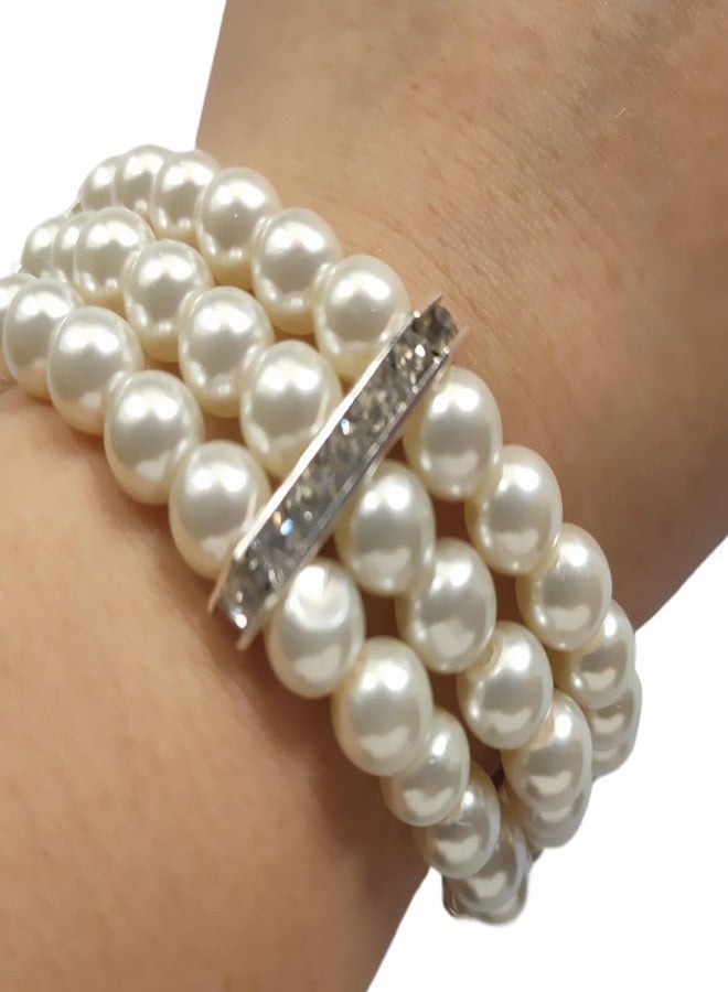 Ebonee White Vintage Stretch Wrist Pearl Bracelet Jewelry 3 Row Faux Pearl Stretch Bracelet for Women Wedding Party Valentine's Day - Image 4