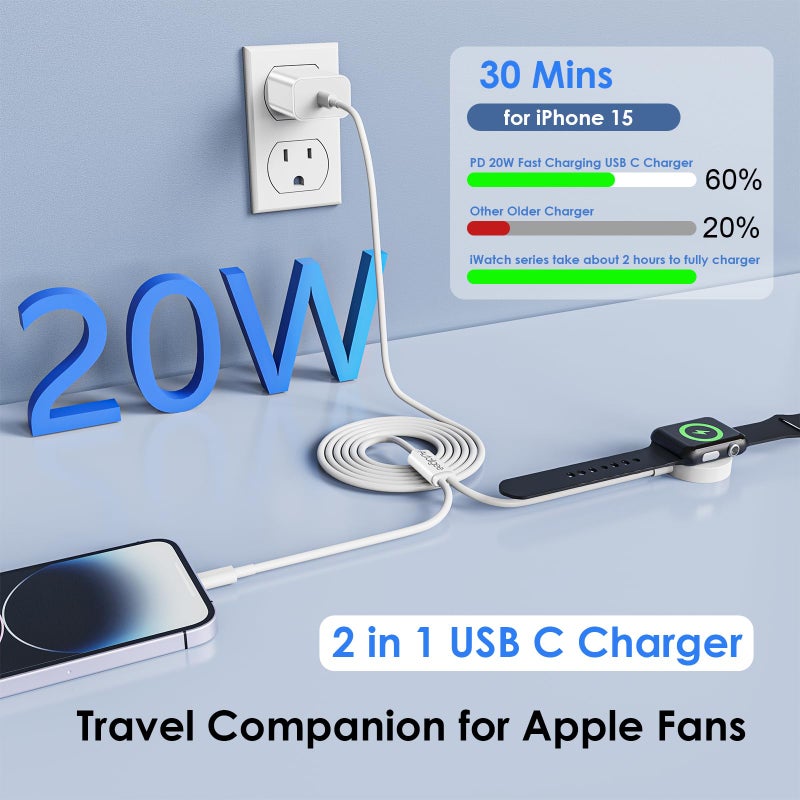 Autallgee Upgraded [MFi Certified] 2 in 1 Fast Charging Cable for iPhone17 16 15 Charger,Travel for Apple Watch Charger USB C Cable Cord with 20W Wall Charger Block for iWatch Series Ultra/SE/10/9/8/7/6/5/4/3/2 - Image 2