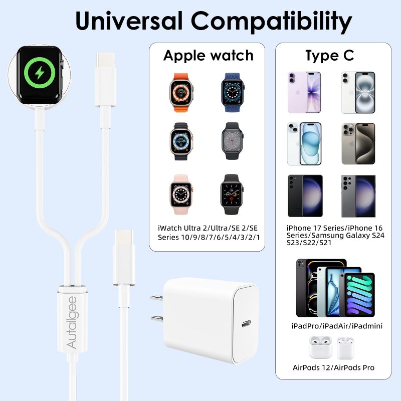 Autallgee Upgraded [MFi Certified] 2 in 1 Fast Charging Cable for iPhone17 16 15 Charger,Travel for Apple Watch Charger USB C Cable Cord with 20W Wall Charger Block for iWatch Series Ultra/SE/10/9/8/7/6/5/4/3/2 - Image 5