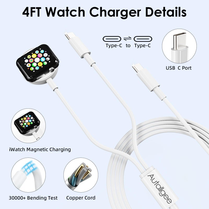 Autallgee Upgraded [MFi Certified] 2 in 1 Fast Charging Cable for iPhone17 16 15 Charger,Travel for Apple Watch Charger USB C Cable Cord with 20W Wall Charger Block for iWatch Series Ultra/SE/10/9/8/7/6/5/4/3/2 - Image 4