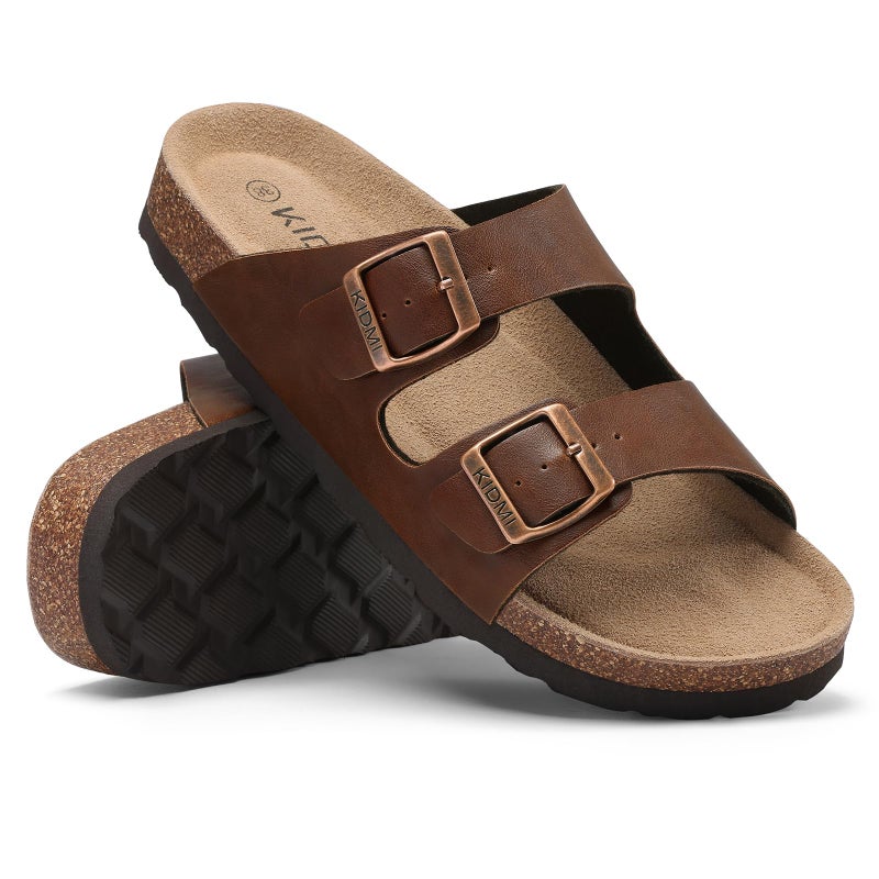 KIDMI Unisex Genuine Suede Summer Sandals Arch Support Cork Footbed Slide Sandals with Double Adjustable Buckle for Women Men, Brown Oily 39 - Image 5