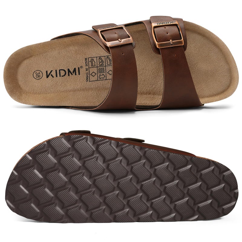 KIDMI Unisex Genuine Suede Summer Sandals Arch Support Cork Footbed Slide Sandals with Double Adjustable Buckle for Women Men, Brown Oily 39 - Image 4