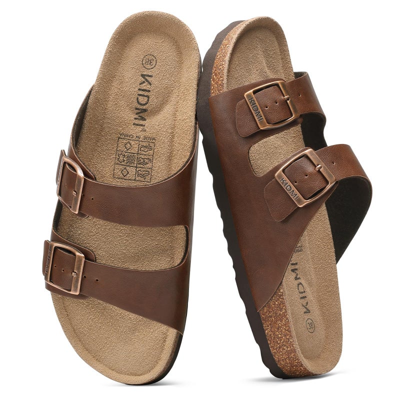 KIDMI Unisex Genuine Suede Summer Sandals Arch Support Cork Footbed Slide Sandals with Double Adjustable Buckle for Women Men, Brown Oily 39 - Image 1