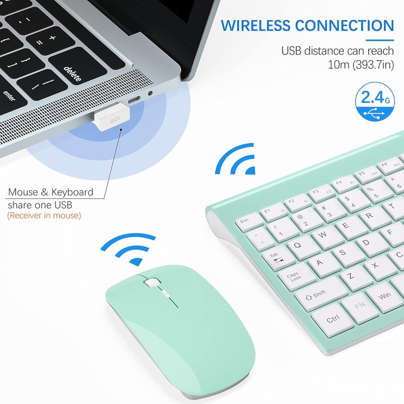 TopMate Wireless Keyboard and Mouse Ultra Slim Combo, 2.4G Silent Compact USB 2400DPI Mouse and Scissor Switch Keyboard Set with Cover, Batteries Included, for PC/Laptop/Windows/Mac - Mint Green - Image 3