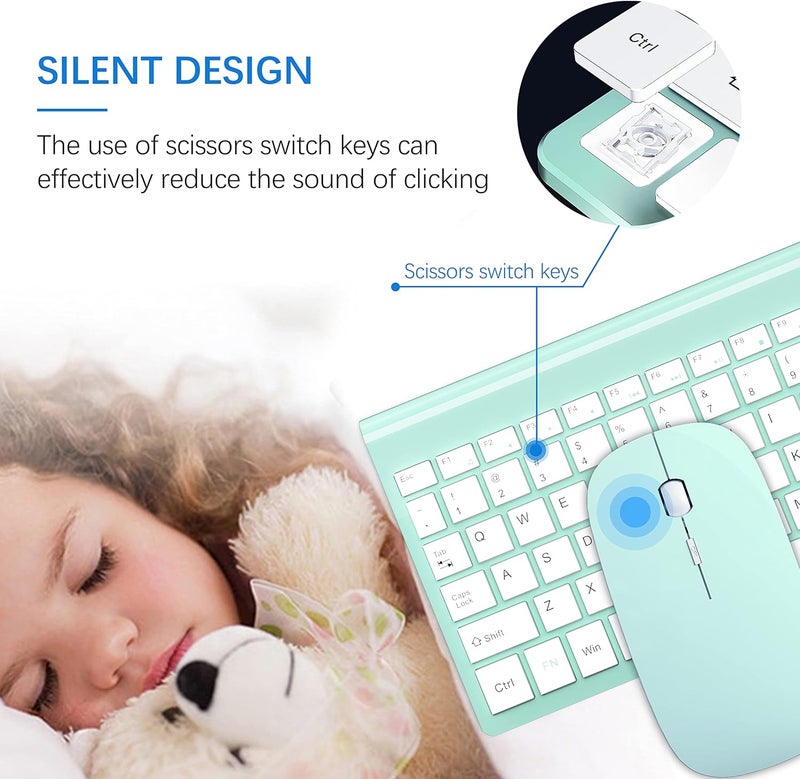 TopMate Wireless Keyboard and Mouse Ultra Slim Combo, 2.4G Silent Compact USB 2400DPI Mouse and Scissor Switch Keyboard Set with Cover, Batteries Included, for PC/Laptop/Windows/Mac - Mint Green - Image 2