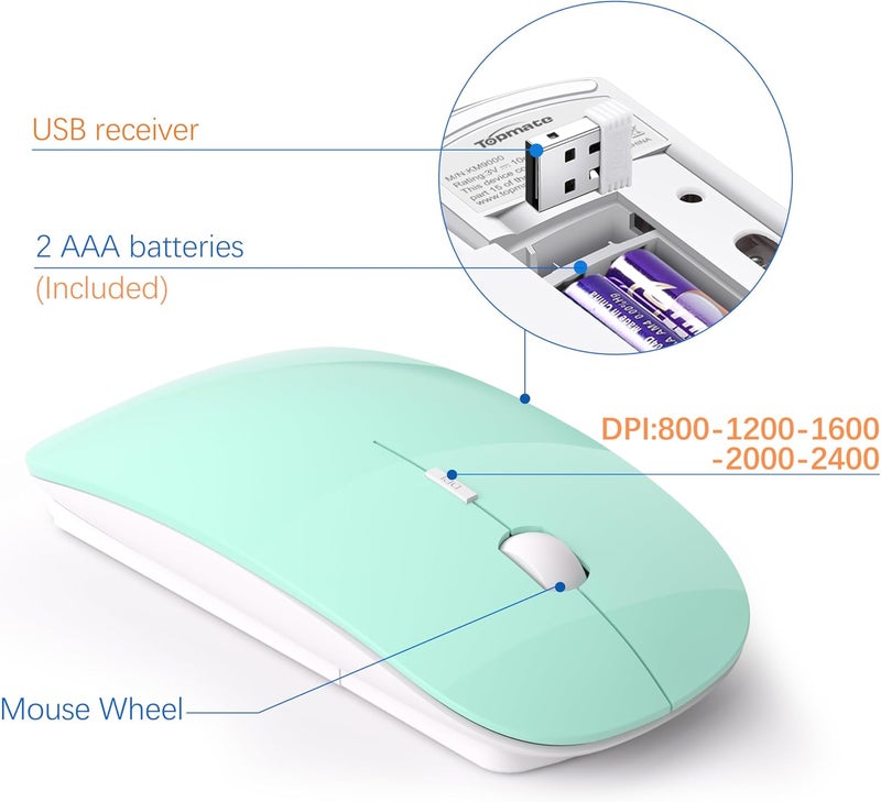 TopMate Wireless Keyboard and Mouse Ultra Slim Combo, 2.4G Silent Compact USB 2400DPI Mouse and Scissor Switch Keyboard Set with Cover, Batteries Included, for PC/Laptop/Windows/Mac - Mint Green - Image 4
