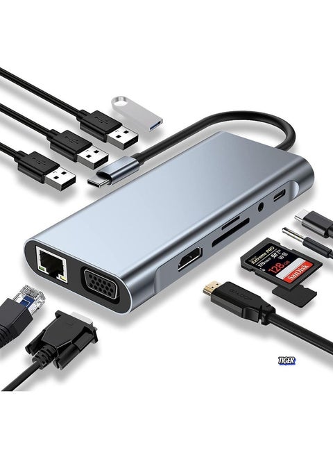 11-in-1 USB C Adapter Docking Station with 4K HDMI, USB 3.0, VGA, Ethernet, SD/TF Card Reader – Multiport Hub for MacBook Pro/Air, Type C Devices – Expand Connectivity, Power Delivery, and High-Speed Data Transfer