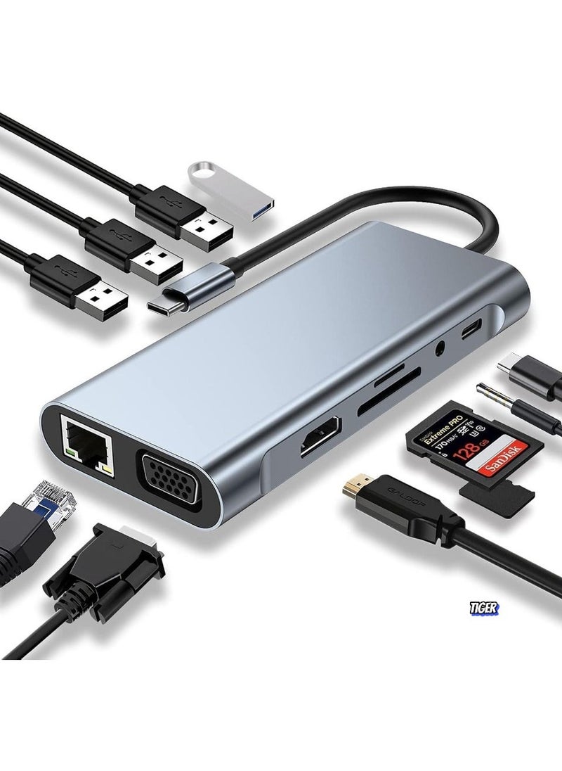 TIGER - 11-in-1 USB C Adapter Docking Station with 4K HDMI, USB 3.0, VGA, Ethernet, SD/TF Card Reader – Multiport Hub for MacBook Pro/Air, Type C Devices – Expand Connectivity, Power Delivery, and High-Speed Data Transfer - Image 1