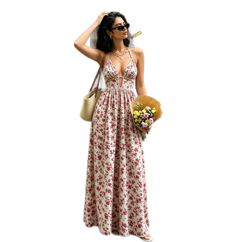 Retro Floral Print Adjustable Strap Maxi Dress Women Summer Vacation Bodycon - Image 5