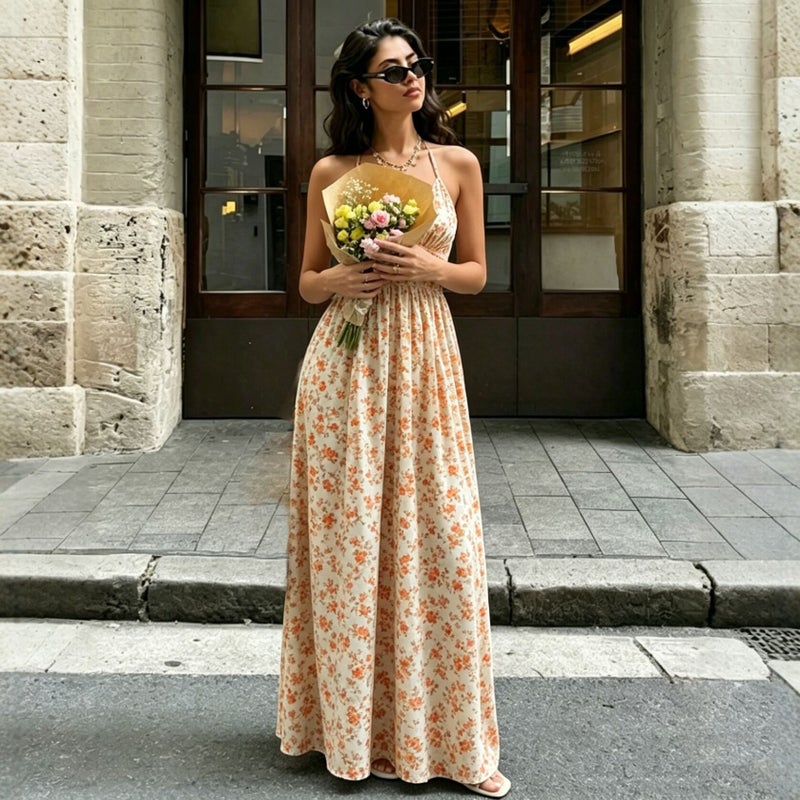Retro Floral Print Adjustable Strap Maxi Dress Women Summer Vacation Bodycon - Image 4