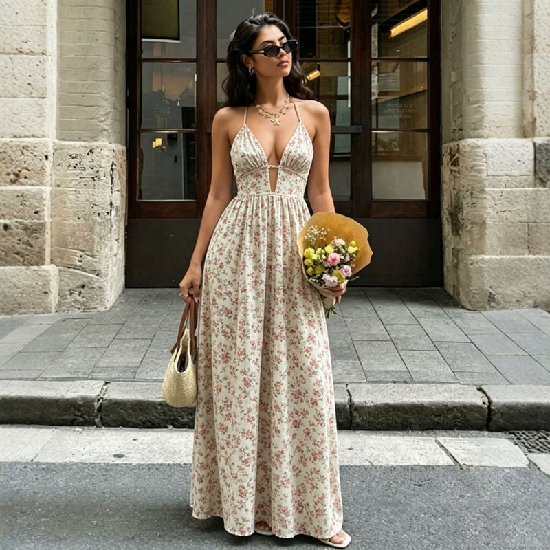 Retro Floral Print Adjustable Strap Maxi Dress Women Summer Vacation Bodycon - Image 1