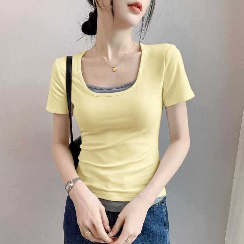 Gray Fake Two-Piece Short-Sleeved T-Shirt For Women 2025 U-Neck Pure Cotton T-Shirt Slim Contrasting Color Patchwork Waist Top - Image 1