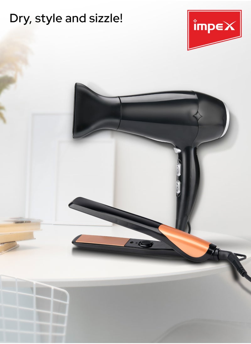 Impex - Hair Dryer & Hair Straightener Combo Hair Styler (HSK 101),2 heat Settings, Professional Styler, Swivel Cord and Auto Shutoff Function - Image 1