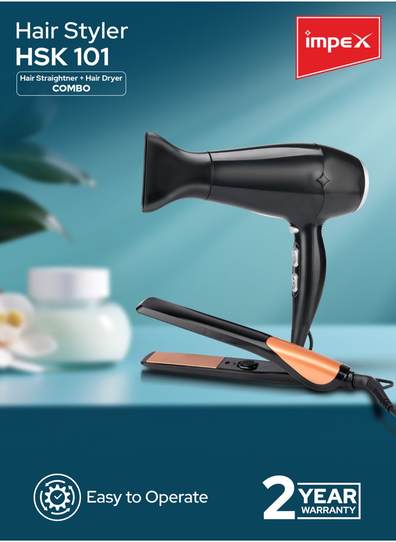 Impex - Hair Dryer & Hair Straightener Combo Hair Styler (HSK 101),2 heat Settings, Professional Styler, Swivel Cord and Auto Shutoff Function - Image 1