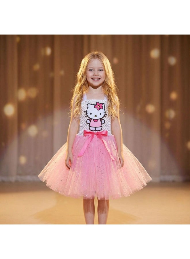 Hello Kitty Cute Hello Kitty Printed Dress Sweet Cartoon Theme Casual Dress Soft Breathable Fabric with Multiple Sizes for Daily School and Party Wear - Image 1