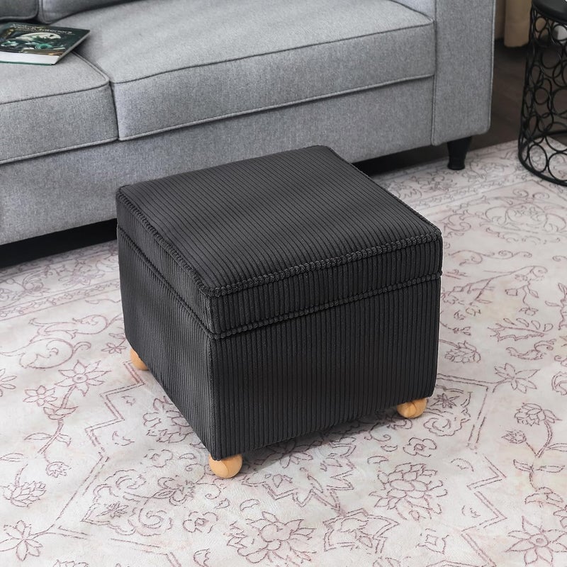 Adeco 17 Inch High Striped Flannel Black Cube Ottoman Storage, 3D Embossed Velvet Chair Foot Stools, Upholstered Vanity Stool with Hinged Lid, Solid Round Wood Legs - Image 3