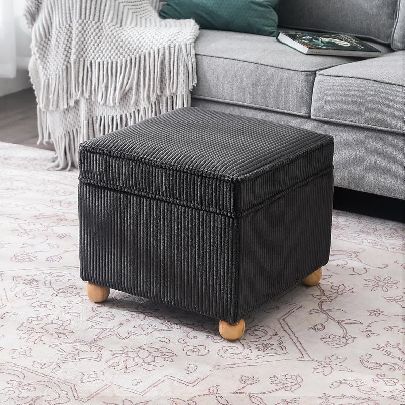 Adeco 17 Inch High Striped Flannel Black Cube Ottoman Storage, 3D Embossed Velvet Chair Foot Stools, Upholstered Vanity Stool with Hinged Lid, Solid Round Wood Legs - Image 1