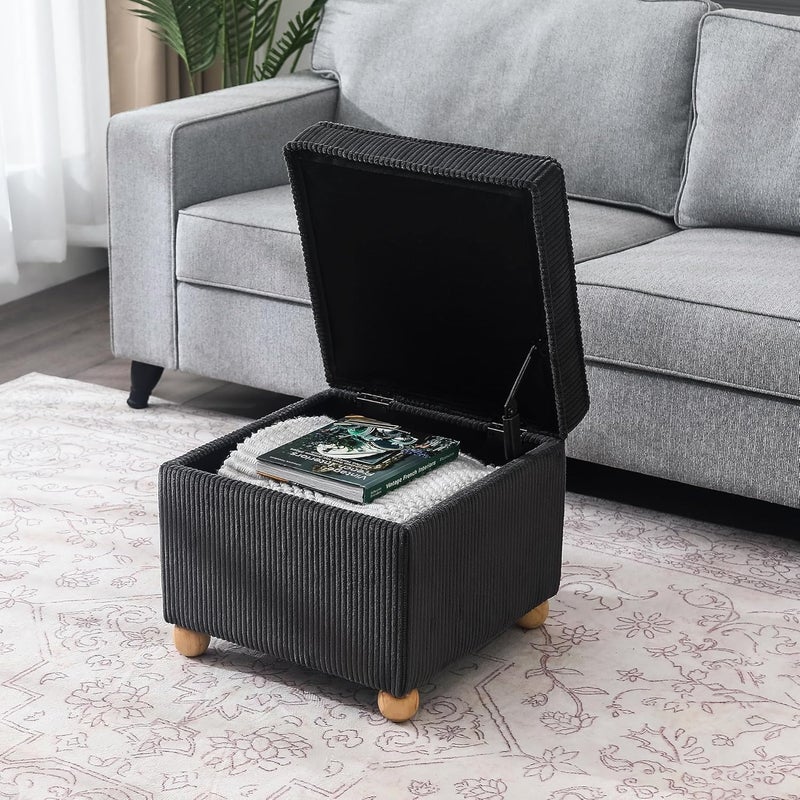 Adeco 17 Inch High Striped Flannel Black Cube Ottoman Storage, 3D Embossed Velvet Chair Foot Stools, Upholstered Vanity Stool with Hinged Lid, Solid Round Wood Legs - Image 4
