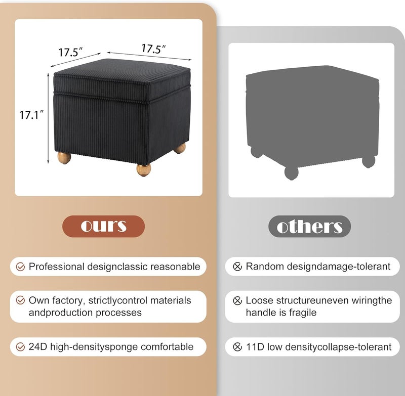 Adeco 17 Inch High Striped Flannel Black Cube Ottoman Storage, 3D Embossed Velvet Chair Foot Stools, Upholstered Vanity Stool with Hinged Lid, Solid Round Wood Legs - Image 2
