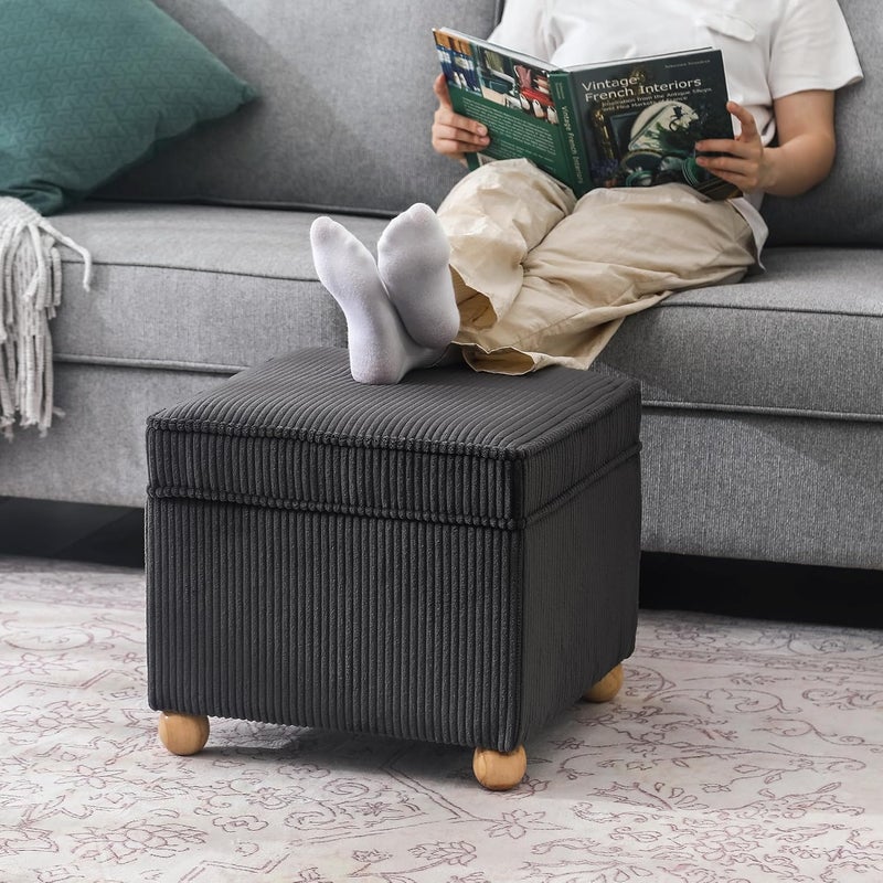 Adeco 17 Inch High Striped Flannel Black Cube Ottoman Storage, 3D Embossed Velvet Chair Foot Stools, Upholstered Vanity Stool with Hinged Lid, Solid Round Wood Legs - Image 5