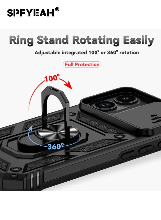 SPFYEAH [2-in-1] iPhone 17 Case with HD Tempered Glass Screen Protector, Slide Camera Cover, Built-in 360° Rotate Ring Kickstand, Heavy Duty Shockproof Drop Proof Case Cover for iPhone 17 6.3 inch (Black, 1+1 Pack) - Image 4