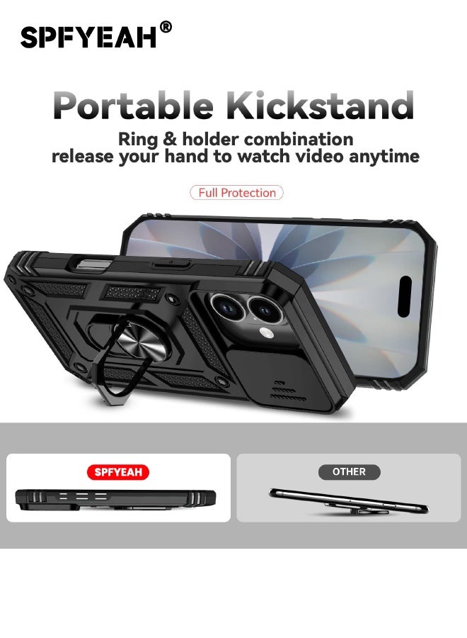 SPFYEAH [2-in-1] iPhone 17 Case with HD Tempered Glass Screen Protector, Slide Camera Cover, Built-in 360° Rotate Ring Kickstand, Heavy Duty Shockproof Drop Proof Case Cover for iPhone 17 6.3 inch (Black, 1+1 Pack) - Image 2