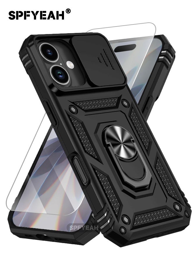 SPFYEAH [2-in-1] iPhone 17 Case with HD Tempered Glass Screen Protector, Slide Camera Cover, Built-in 360° Rotate Ring Kickstand, Heavy Duty Shockproof Drop Proof Case Cover for iPhone 17 6.3 inch (Black, 1+1 Pack) - Image 1