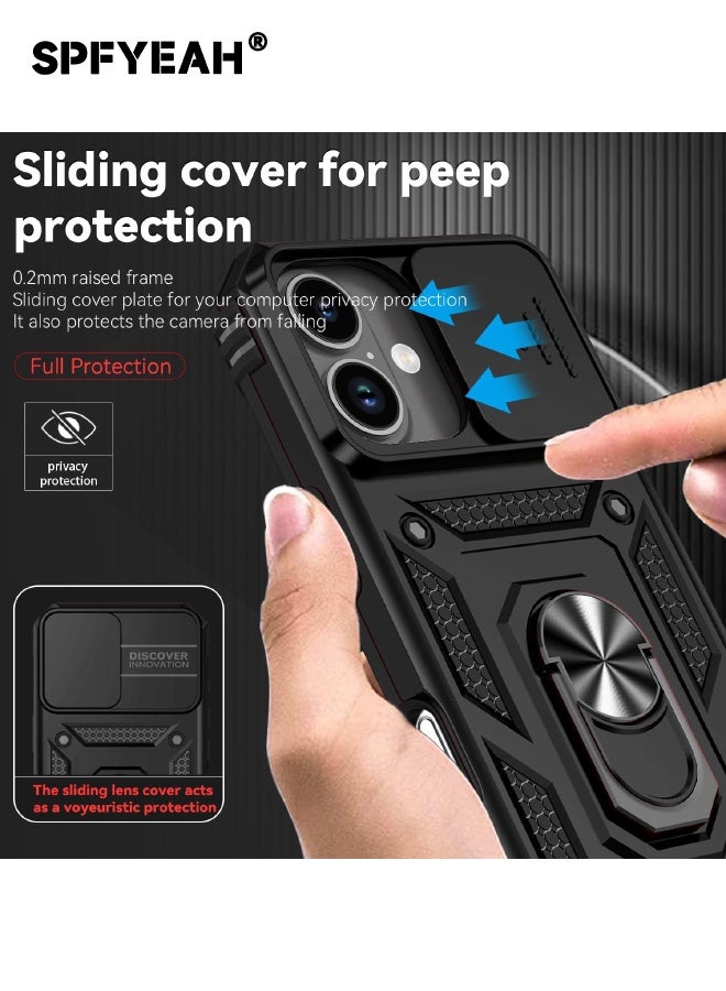 SPFYEAH [2-in-1] iPhone 17 Case with HD Tempered Glass Screen Protector, Slide Camera Cover, Built-in 360° Rotate Ring Kickstand, Heavy Duty Shockproof Drop Proof Case Cover for iPhone 17 6.3 inch (Black, 1+1 Pack) - Image 3