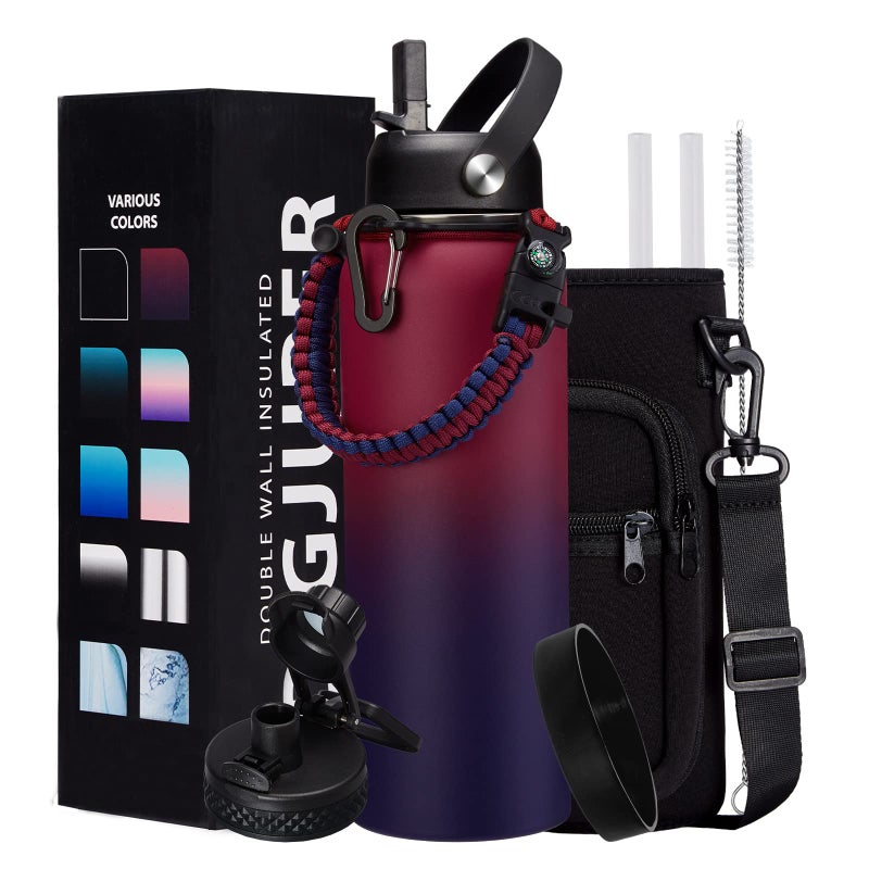 40OZ Stainless-steel Water-Bottle with Straw - Pop-up Spout & Straw Lids  Survival Paracord Handle  Storage Sleeve & Cup Mat  Leak Proof Reusable Insulated Men Women Water Jug for Gym Workout
