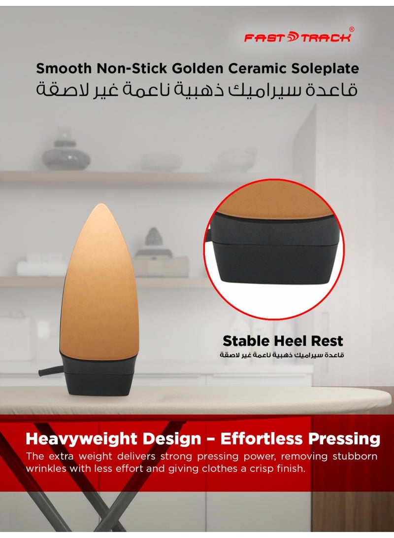 Fast Track Heavy Duty Dry Iron FTDI8200, 1200W Power, Golden Ceramic Non-Stick Soleplate, Adjustable Temperature Control, Auto Cut-Off, Overheat Protection – Black/Grey - Image 4