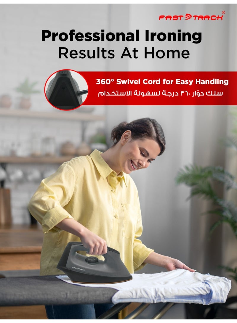 Fast Track Heavy Duty Dry Iron FTDI8200, 1200W Power, Golden Ceramic Non-Stick Soleplate, Adjustable Temperature Control, Auto Cut-Off, Overheat Protection – Black/Grey - Image 2