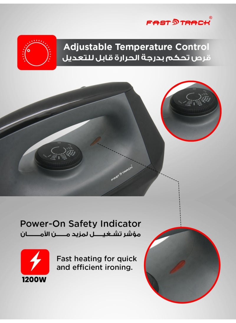 Fast Track Heavy Duty Dry Iron FTDI8200, 1200W Power, Golden Ceramic Non-Stick Soleplate, Adjustable Temperature Control, Auto Cut-Off, Overheat Protection – Black/Grey - Image 5