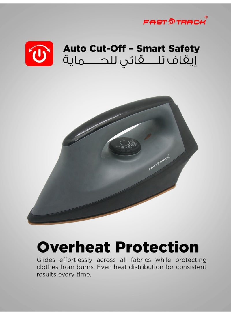 Fast Track Heavy Duty Dry Iron FTDI8200, 1200W Power, Golden Ceramic Non-Stick Soleplate, Adjustable Temperature Control, Auto Cut-Off, Overheat Protection – Black/Grey - Image 3