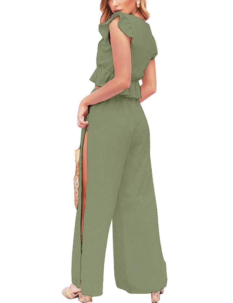 FANCYINN Womens 2 Pieces Outfits Deep V Neck Crop Top St Patricks Day Shirt Side Slit Drawstring Wide Leg Pants Set Jumpsuits Olive Green XL - Image 3