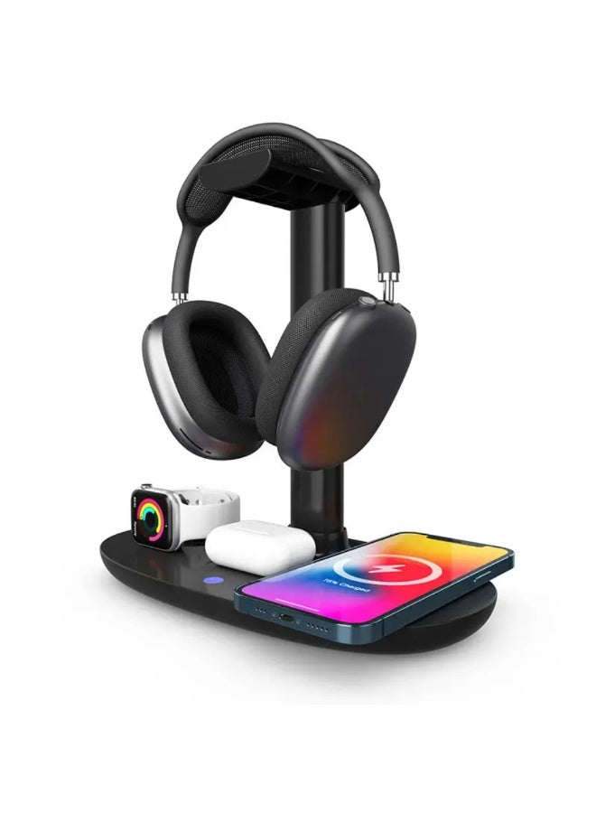 كي يو كي أتش محطة شحن لاسلكية 4 في 1 متوافقة مع أجهزة iPhone و Apple Watch و AirPods وسماعات الرأس، حامل شحن سريع - Image 3