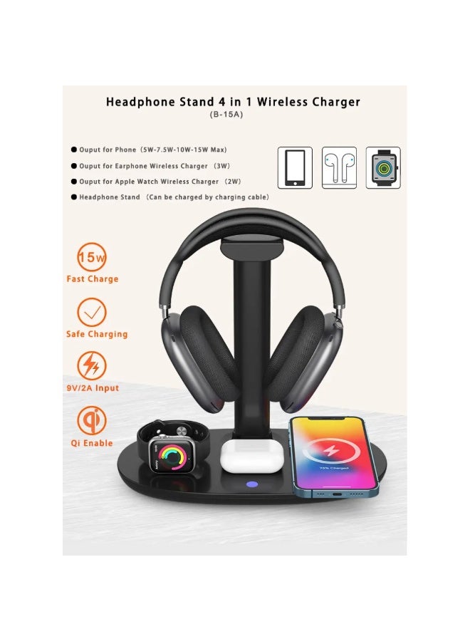كي يو كي أتش محطة شحن لاسلكية 4 في 1 متوافقة مع أجهزة iPhone و Apple Watch و AirPods وسماعات الرأس، حامل شحن سريع - Image 2