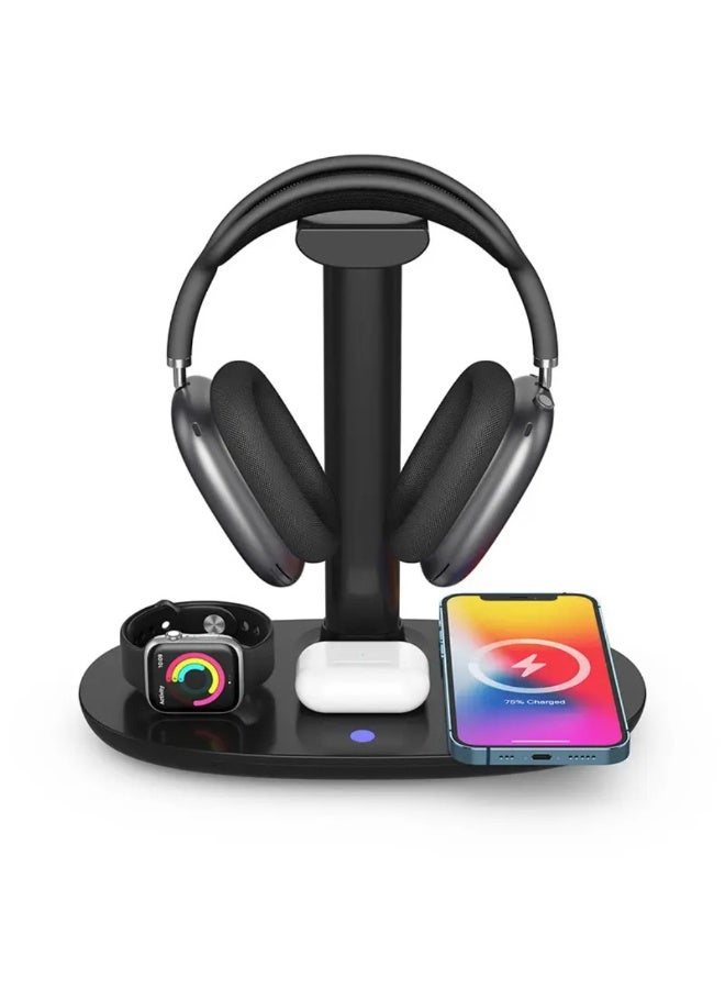 كي يو كي أتش محطة شحن لاسلكية 4 في 1 متوافقة مع أجهزة iPhone و Apple Watch و AirPods وسماعات الرأس، حامل شحن سريع - Image 1