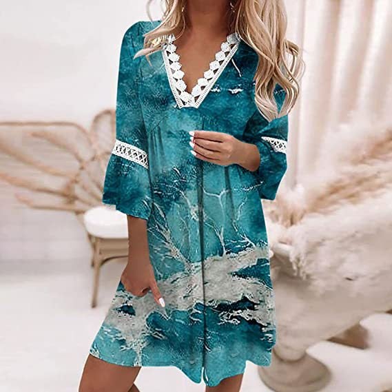 Bohemian V-Neck Printed Lace Dress Spring 2024 Rock Blue 